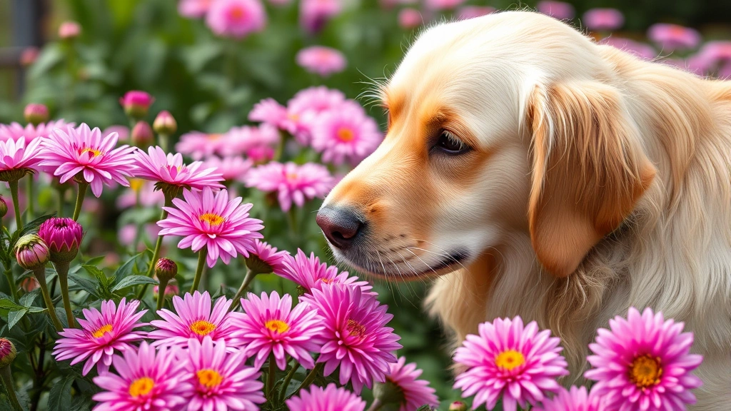 Golden retriever dog sniffing pink and purple chrysanthemum flowers in a garden setting, natural daylight, curious expression