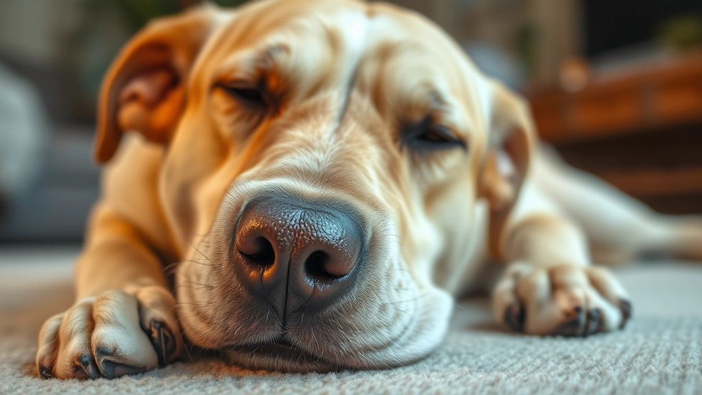 Close-up of dog's face showing mild discomfort or nausea, resting on a soft surface indoors, gentle lighting