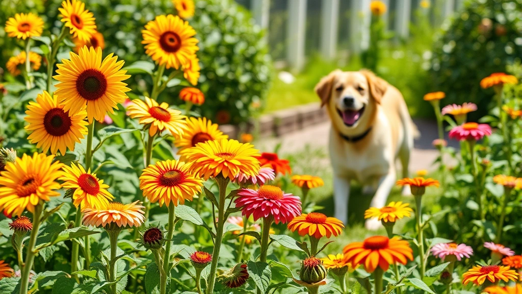 Dog-safe garden with colorful sunflowers and marigolds blooming, with a happy dog playing in the background, bright sunny day