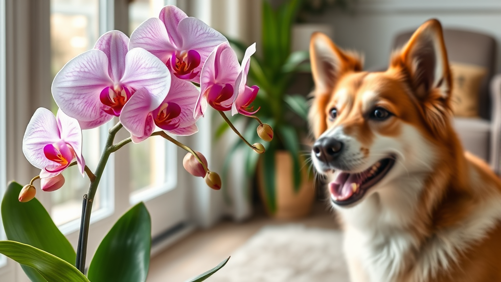 Beautiful orchid flowers with friendly dog nearby in bright home setting no text no words no letters