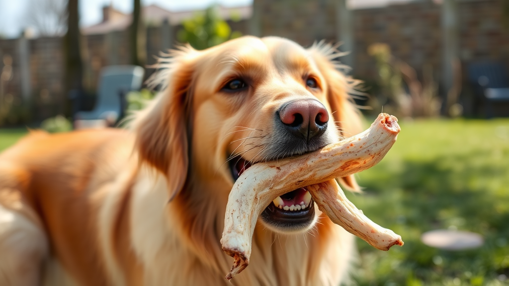 Golden retriever happily chewing on natural pig ear treat outdoors in sunny backyard setting no text no words no letters
