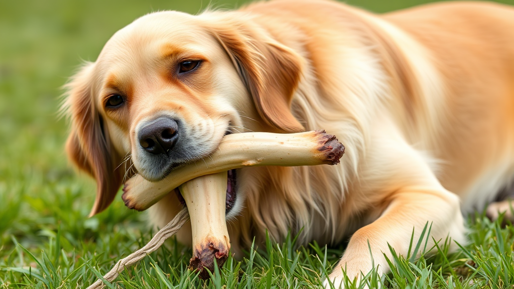 Golden retriever dog chewing natural pig ear treat outdoors on grass, no text no words no letters