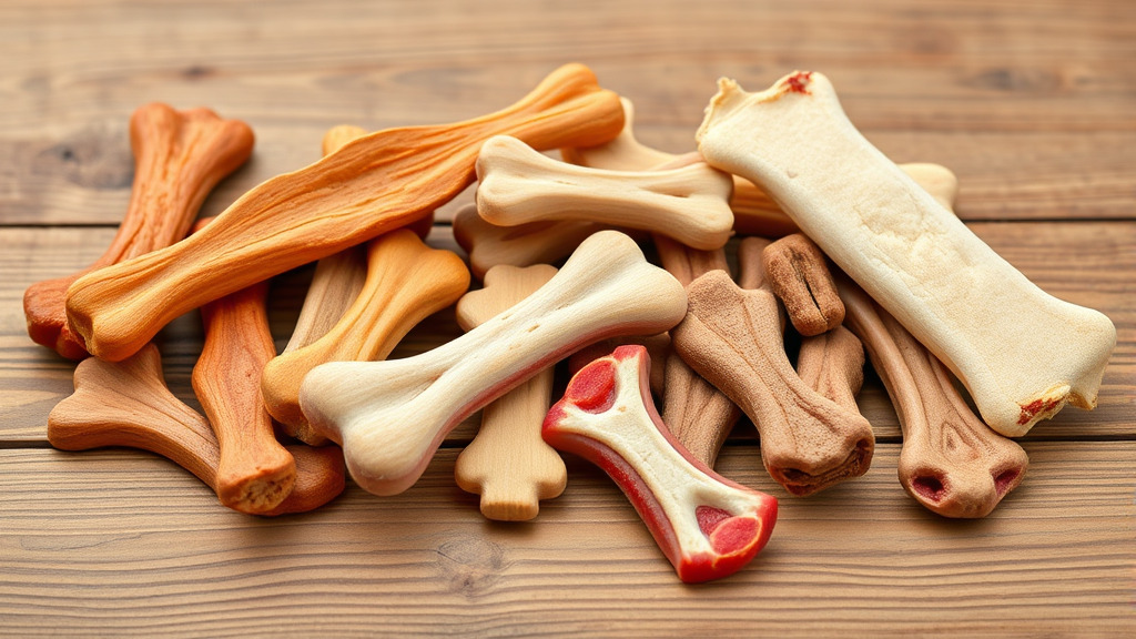 Various dog chew treats and pig ears displayed on wooden surface, no text no words no letters