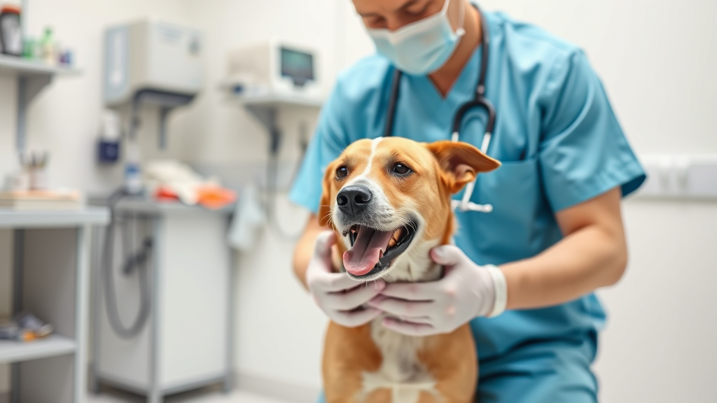 Veterinarian examining healthy dog in clean clinic examination room, no text no words no letters