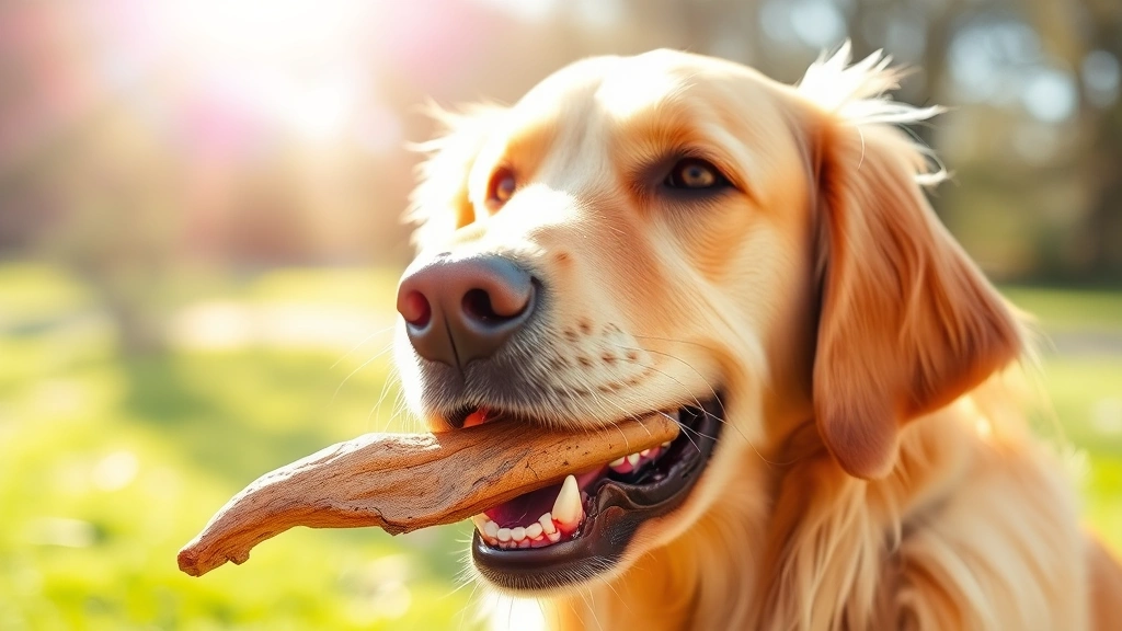 Golden retriever happily chewing on a dried pig ear treat outdoors in bright sunlight, focused expression, natural setting