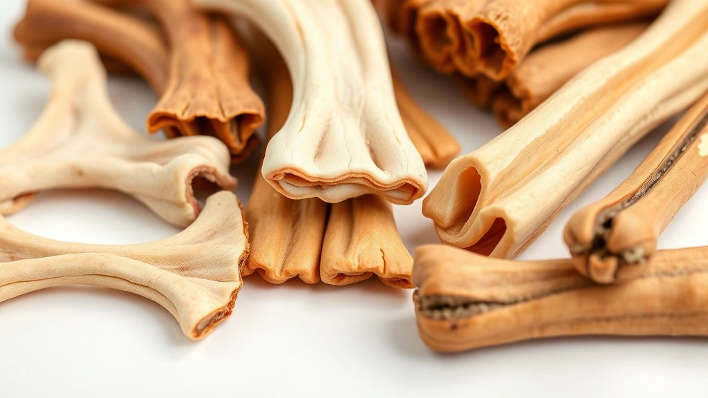 Close-up of various dog treats including pig ears, bully sticks, dental chews arranged on white surface, professional product photography style