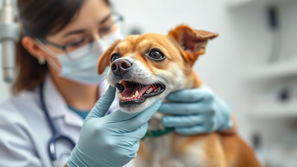 Veterinarian examining a small dog's mouth and teeth during health checkup in clinical setting, professional medical environment