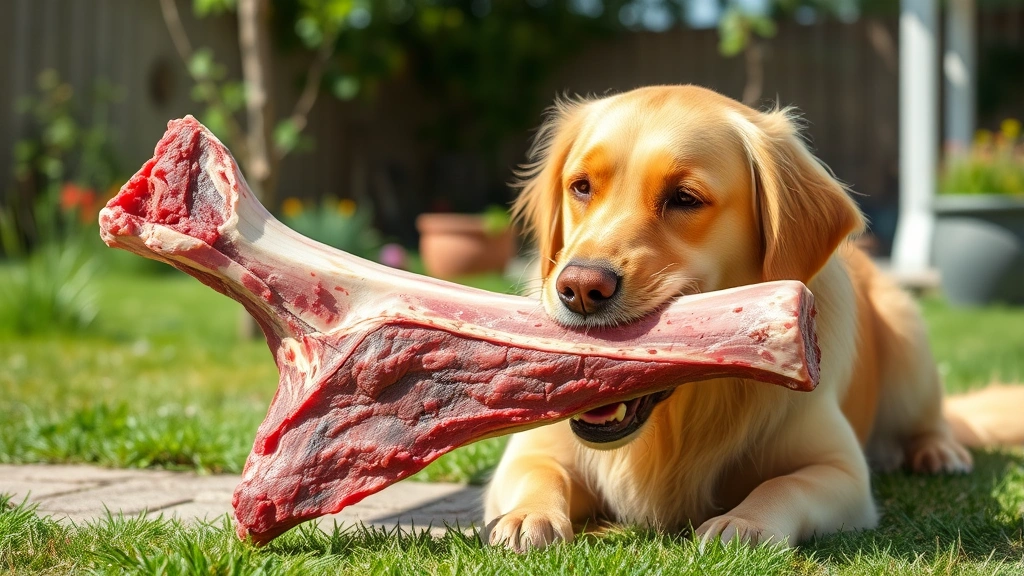 Golden retriever happily chewing on a large raw beef bone in a sunny outdoor backyard setting, dog focused and content