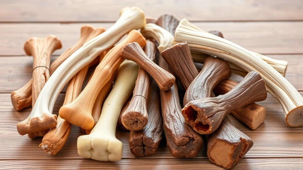 Close-up of various dog chew toys and treats arranged on a wooden surface, including bully sticks, dental chews, and antler chews