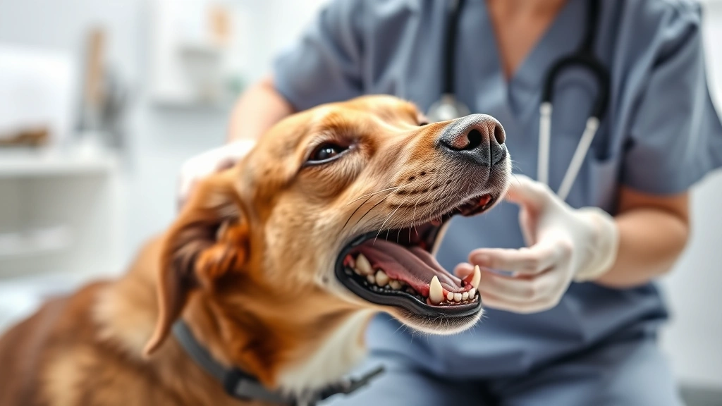 Veterinarian examining a medium-sized brown dog's mouth and teeth during a health check appointment in a bright clinic