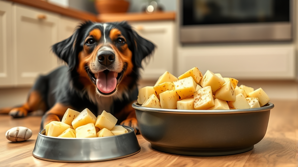Cooked plain potato pieces in dog bowl next to happy healthy dog, kitchen setting, no text no words no letters