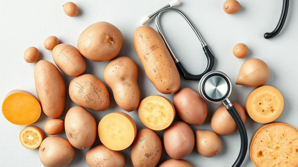 Various potato types including sweet potatoes and regular potatoes with veterinary stethoscope, health concept, no text no words no letters
