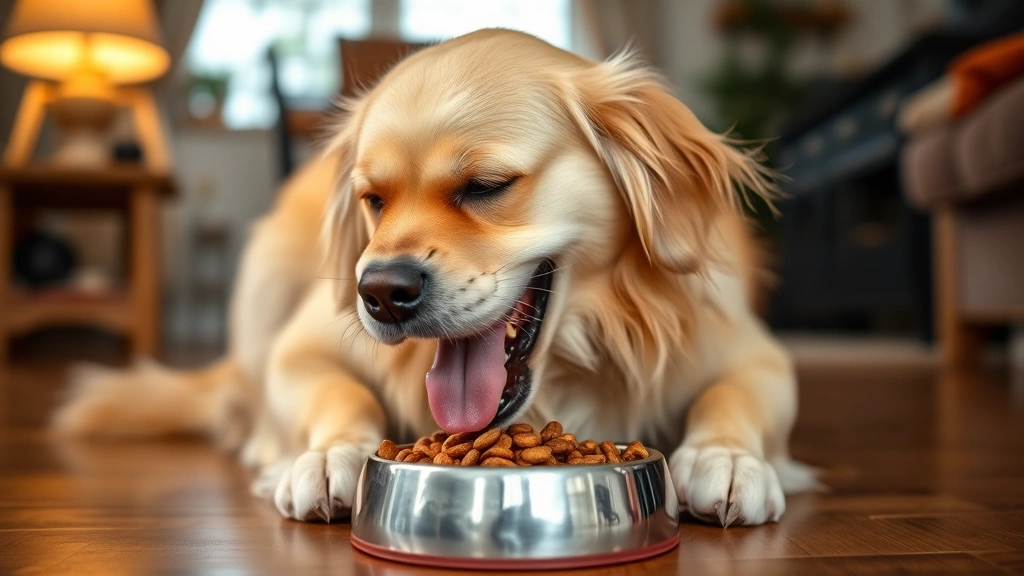 Golden Retriever enthusiastically eating from a food bowl with kibble, indoor home setting with warm lighting