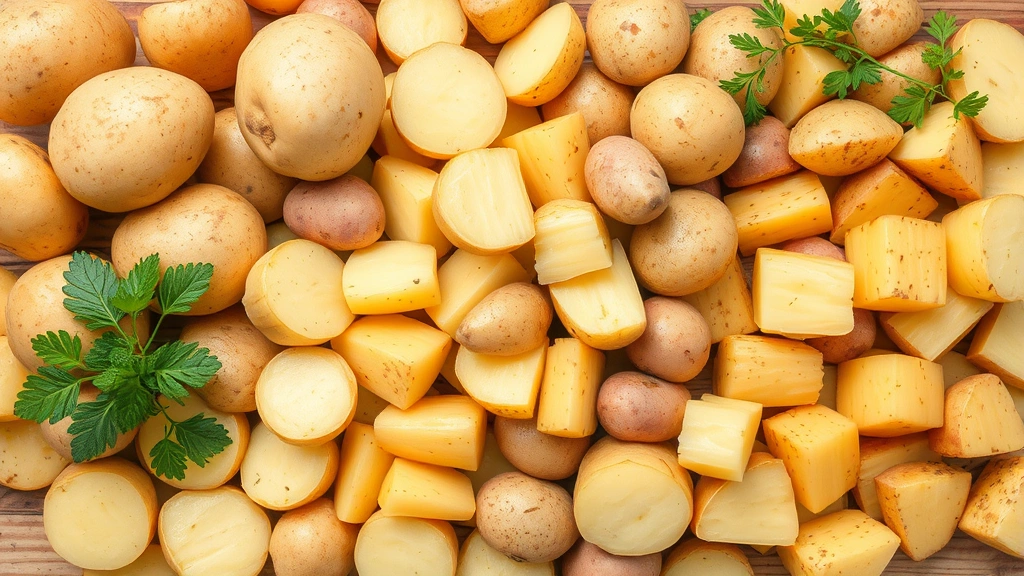 Close-up of various potatoes in different forms - whole, sliced, and cooked - arranged on a wooden surface with fresh herbs