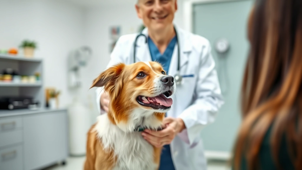 Veterinarian in white coat examining a healthy brown and white dog during a nutrition consultation in a modern clinic