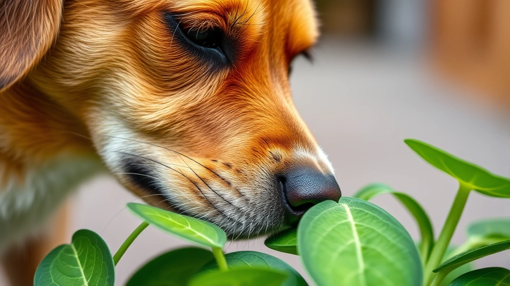 Close-up of dog sniffing green trailing pothos plant leaves curiosity