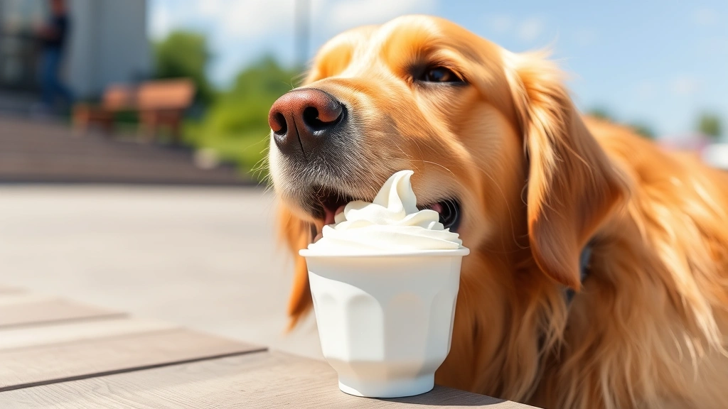 Golden retriever enjoying a small white cup of whipped cream treat outdoors on sunny day