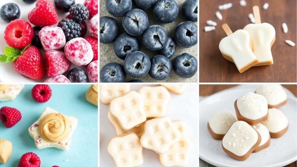 Collage of healthy frozen dog treat alternatives including frozen berries, peanut butter, and coconut treats