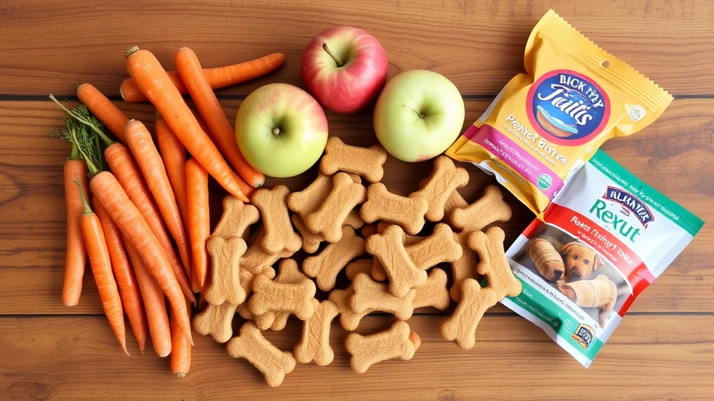 Assortment of healthy dog treats including carrots, apples, peanut butter treats, and commercial dog biscuits arranged on wooden surface