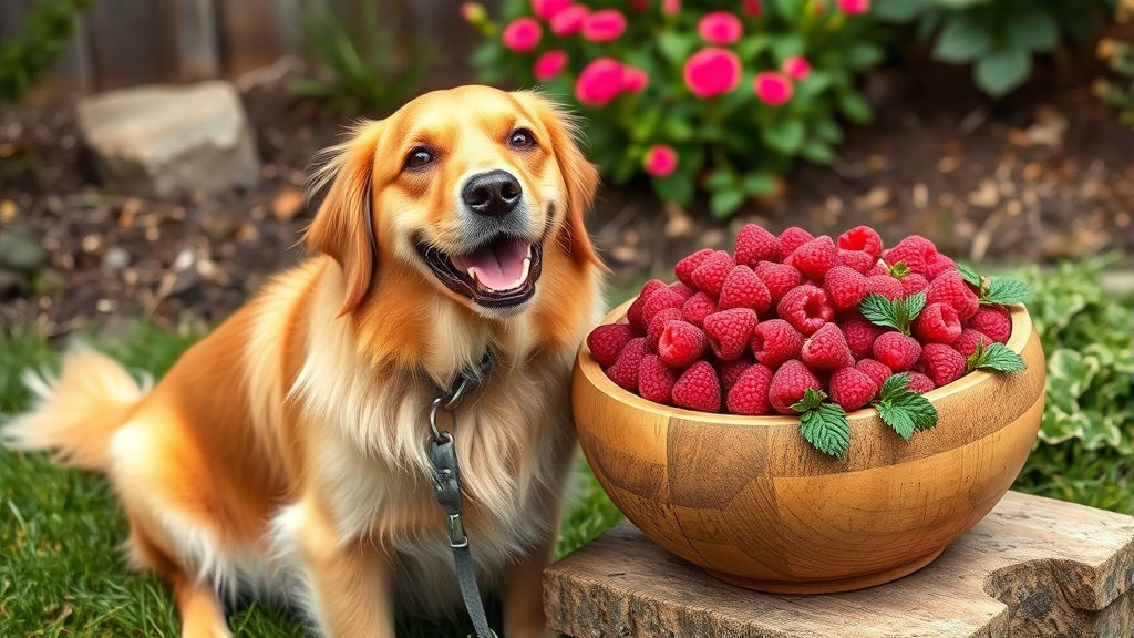 Happy golden retriever dog sitting beside fresh red raspberries in wooden bowl outdoor garden setting no text no words no letters