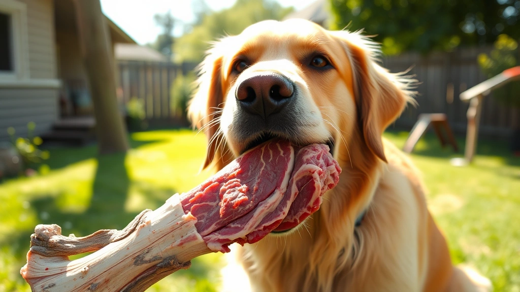 Golden retriever enthusiastically chewing on a large raw beef bone in a sunlit backyard, focused expression, natural outdoor lighting
