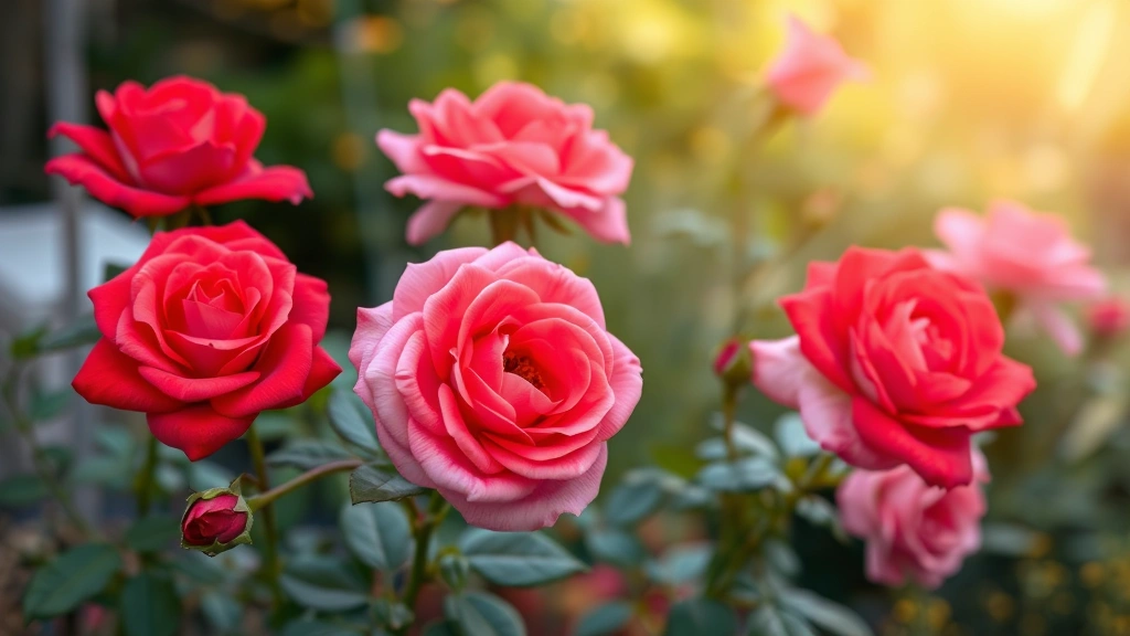 Beautiful red and pink roses in full bloom in a garden setting with soft natural sunlight