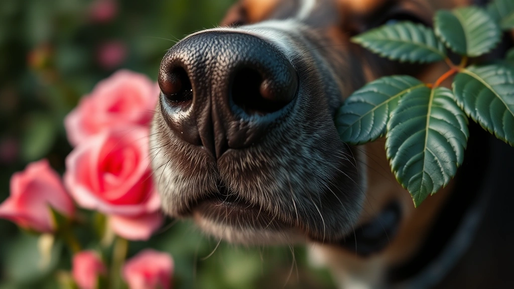Close-up of dog's curious nose near rose petals and leaves with shallow depth of field