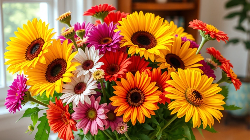 Vibrant mixed bouquet of safe pet-friendly flowers including sunflowers, daisies, and zinnias indoors