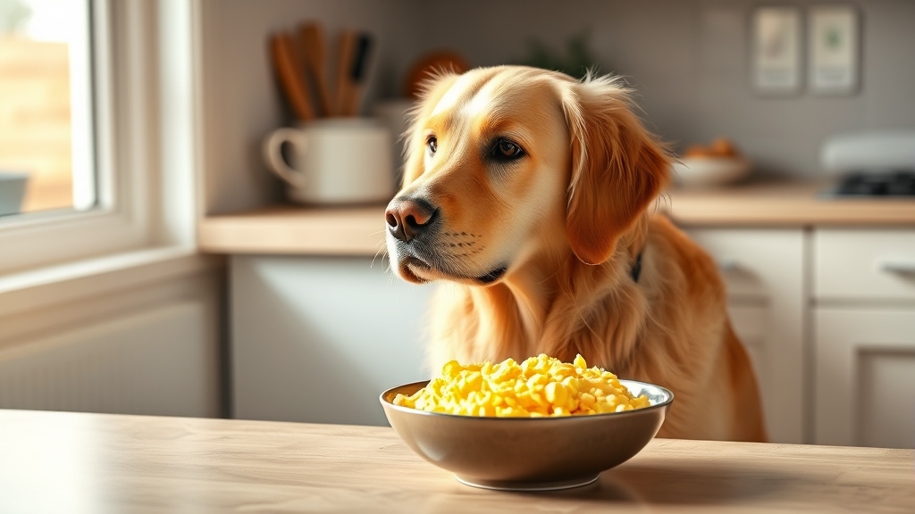 Golden retriever sitting beside bowl of plain scrambled eggs on kitchen counter, warm morning lighting, no text no words no letters