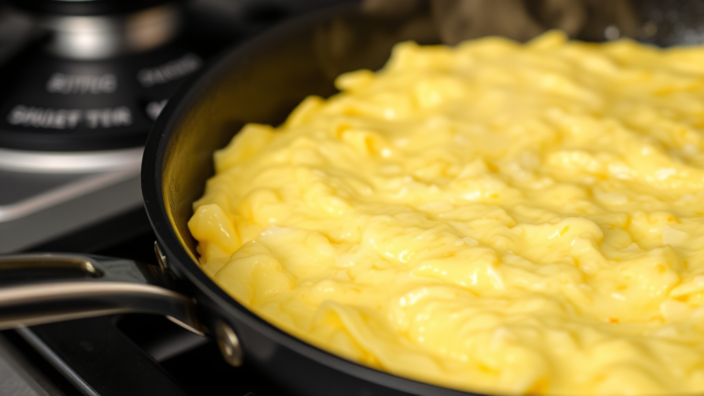 Close up view of perfectly cooked plain scrambled eggs in non stick pan, steam rising, kitchen background, no text no words no letters