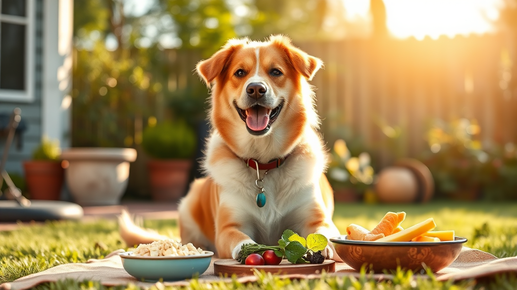 Happy healthy dog with shiny coat sitting in sunny backyard after nutritious meal, content expression, no text no words no letters