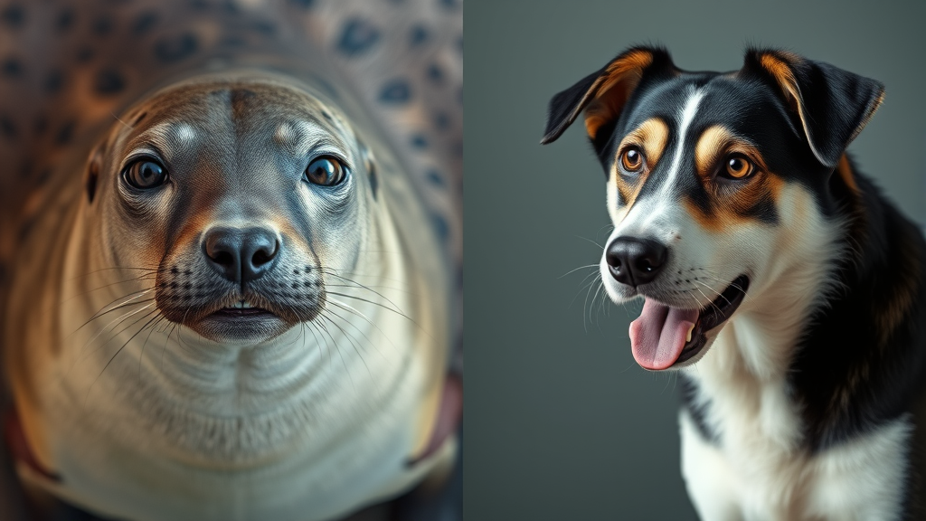 Seal and dog side by side comparison showing similar facial features and body structure no text no words no letters