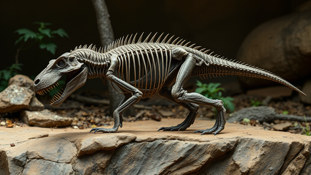 Ancient carnivore ancestor fossil reconstruction in natural prehistoric setting no text no words no letters