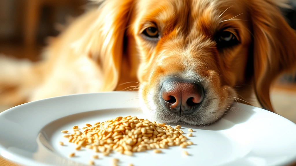 Golden Retriever looking at a small pile of sesame seeds on a white plate, curious expression, bright natural lighting, close-up perspective