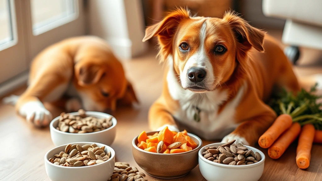 Brown and white dog sitting next to various healthy dog treats and seeds in bowls, including pumpkin seeds and carrots, warm indoor setting