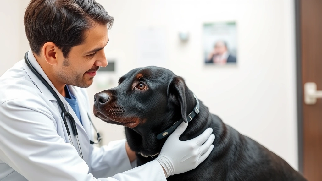 Veterinarian examining a black Labrador with stethoscope in a clean clinic room, professional medical environment, concerned but caring expression