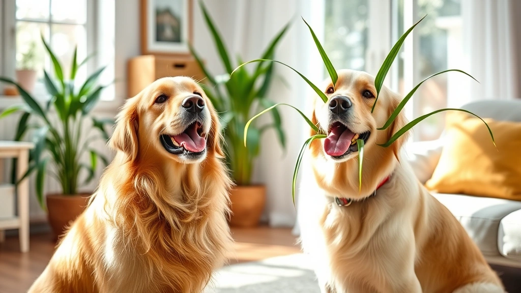 Happy golden retriever next to healthy green spider plant in bright sunlit living room, natural soft lighting