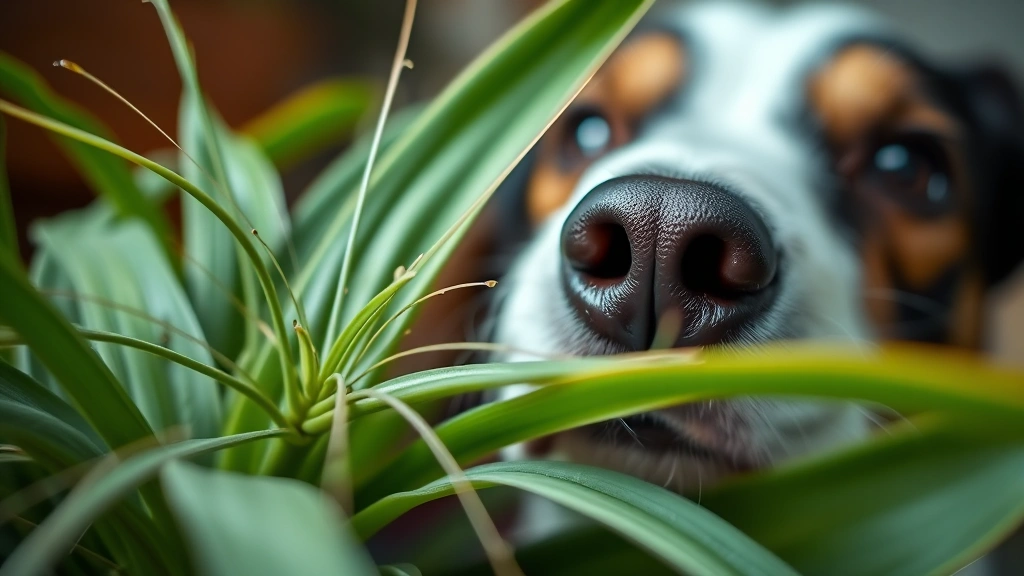 Close-up detail of spider plant leaves with dog nose curiously sniffing nearby, shallow depth of field