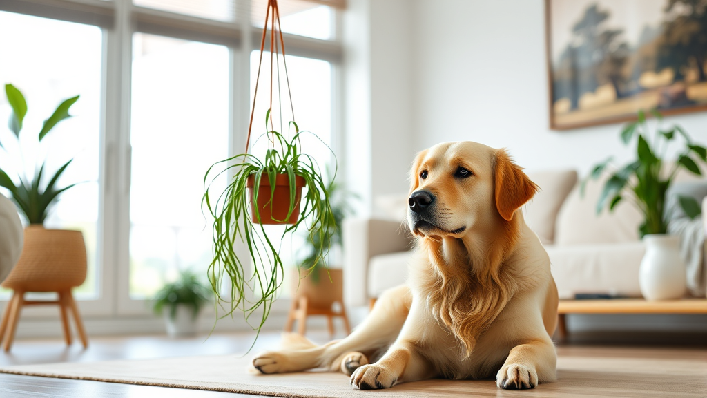 Golden retriever sitting peacefully next to hanging spider plant in bright living room, no text no words no letters