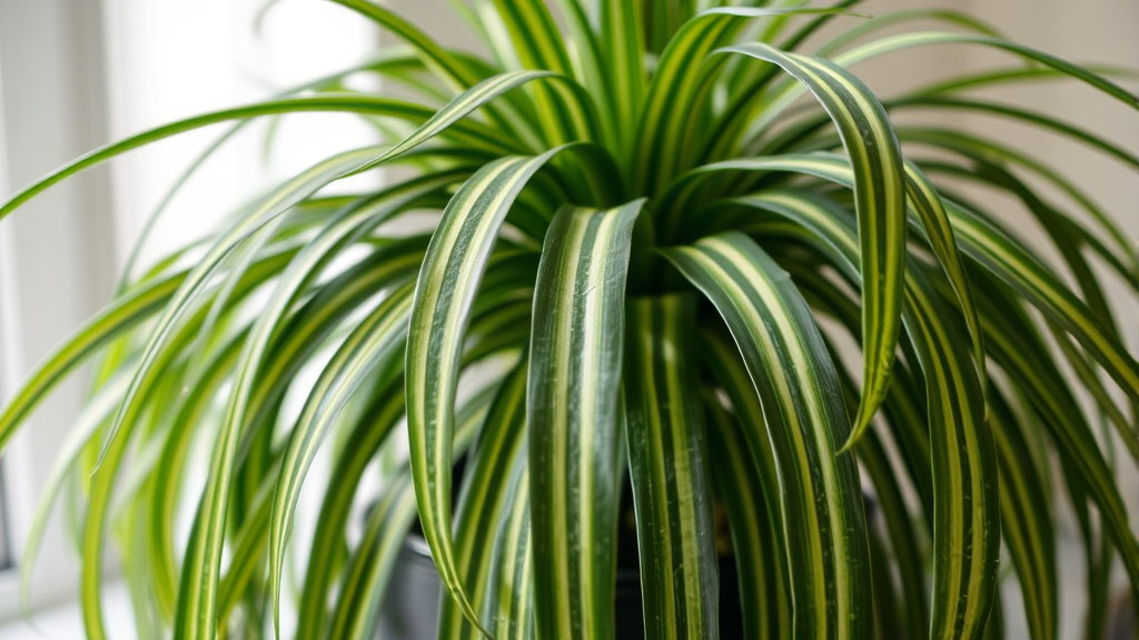 Close up spider plant with long green striped leaves cascading down, healthy indoor houseplant, no text no words no letters