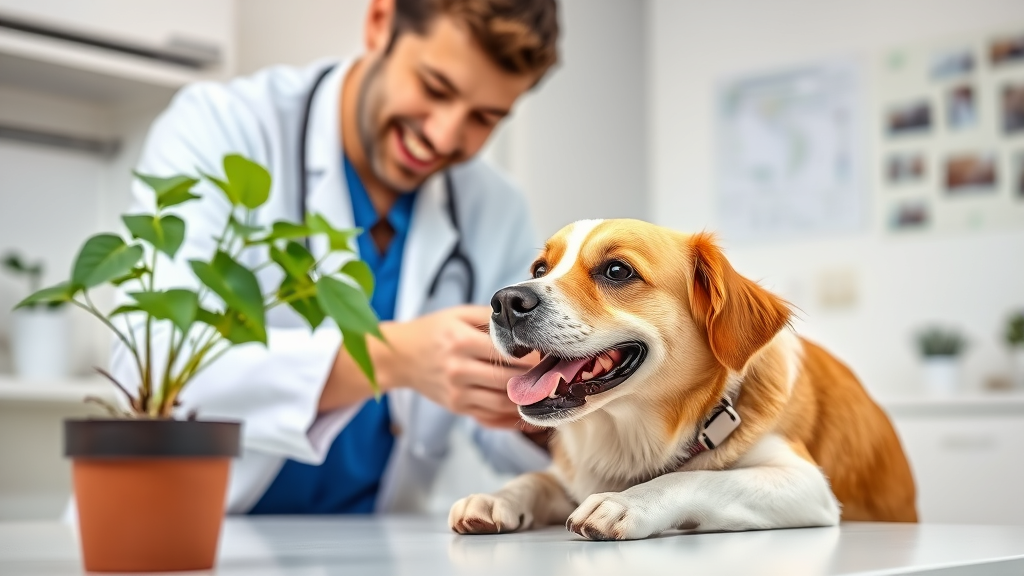 Veterinarian examining happy dog while plant safety guide visible on desk, professional clinic setting, no text no words no letters