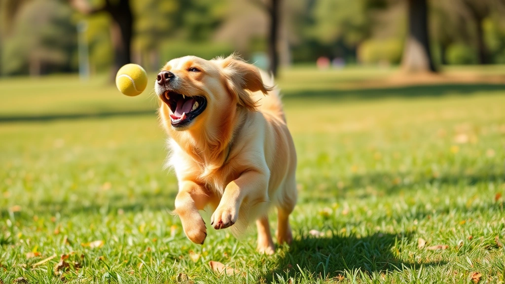 Golden Retriever excitedly playing fetch with a yellow tennis ball in a sunny park, mid-bounce moment, grass field background