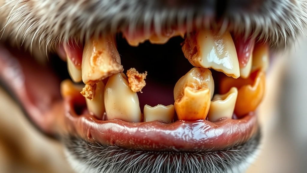 Close-up of a dog's mouth showing worn, flattened teeth from chewing, veterinary dental detail, showing tooth surface damage and wear patterns