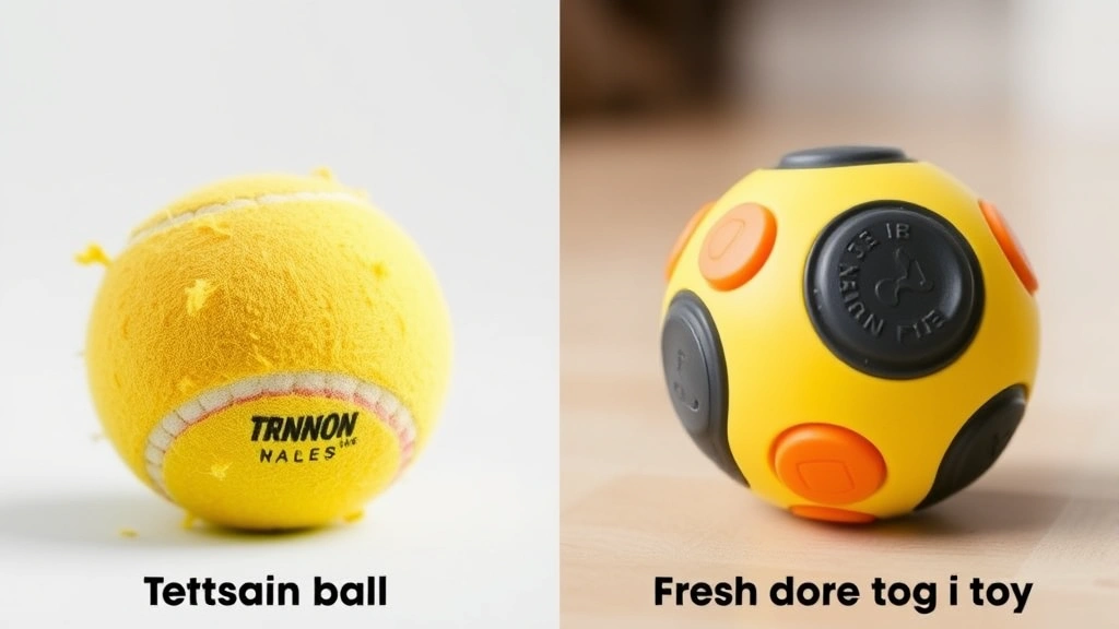 Split-screen comparison showing a damaged, shredded tennis ball on one side and a fresh dog-specific rubber fetch toy on the other, product comparison style