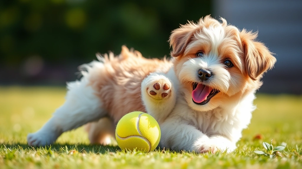 Fluffy dog happily playing with a colorful rubber dog toy instead of tennis ball, bright outdoor setting, engaged playful expression