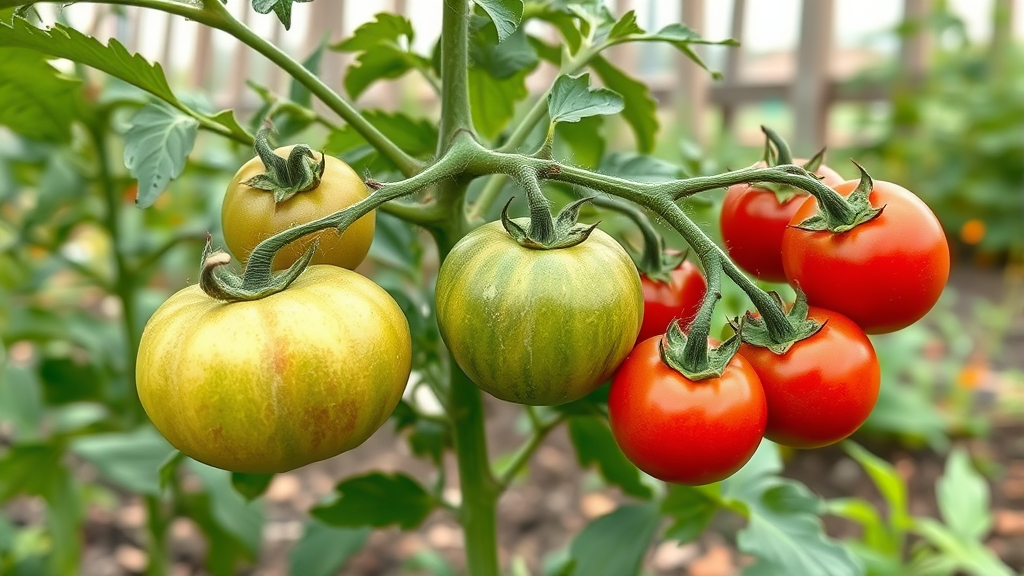 Tomato plant with green unripe tomatoes and red ripe ones, garden setting, warning concept, no text no words no letters