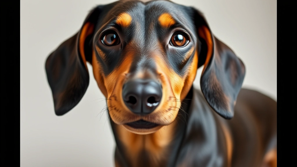 Close-up of a smooth-coated dachshund's face and upper body, showing its characteristic long body and short legs, against a neutral background