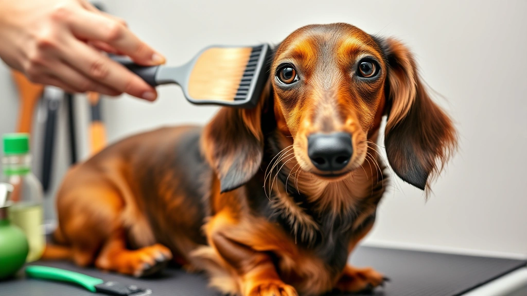 Dachshund being groomed with a brush, showing grooming supplies and the dog's coat in detail, photorealistic style