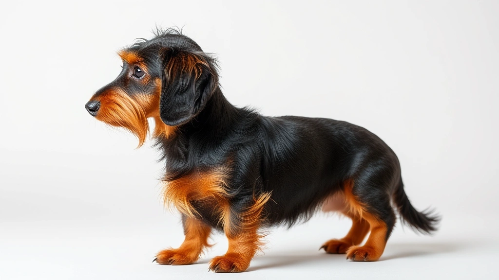Wirehaired dachshund in profile standing on a light surface, displaying its distinctive rough coat texture clearly
