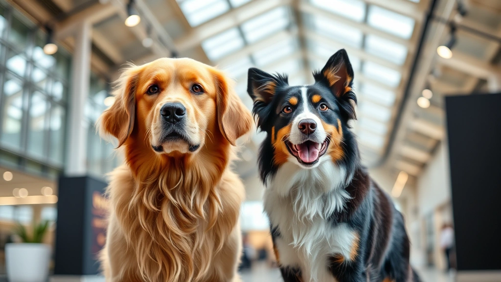 Golden retriever and border collie standing together in a bright, modern exhibition hall with glass ceiling and professional lighting, both dogs looking alert and happy